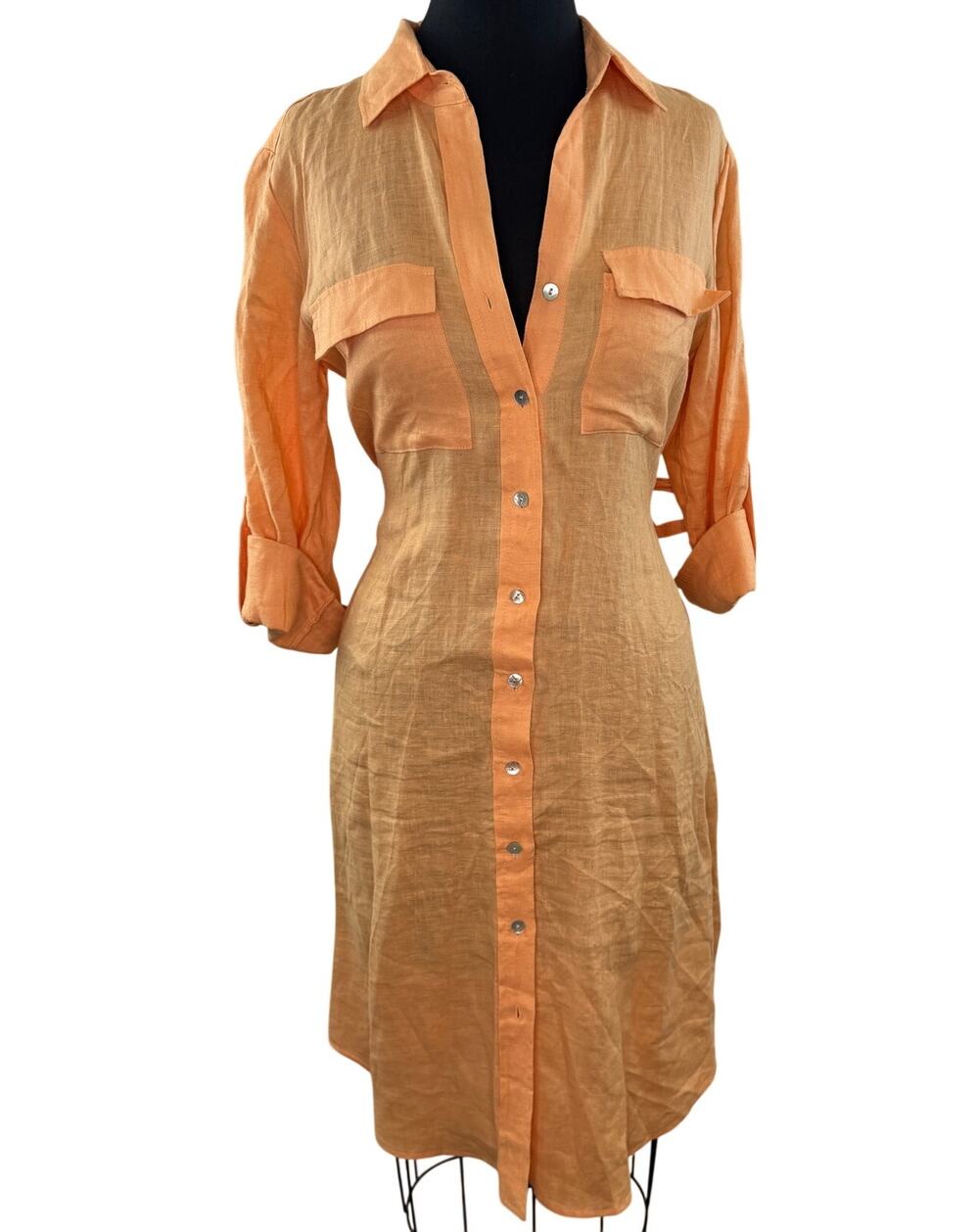 MAGASCHONI Orange Shirt Dress Linen Tie Curved Hem Collared Button-Up S Small